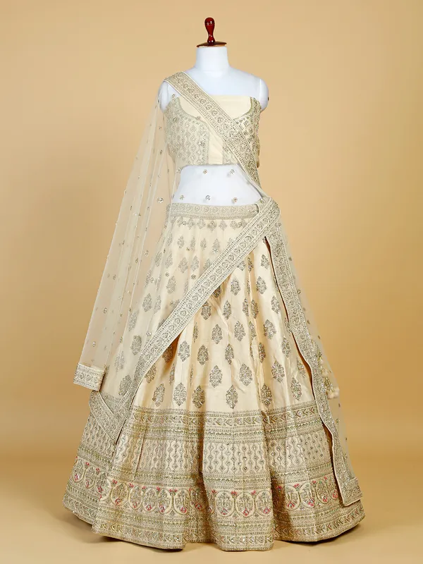 Raw silk unstitched lehenga choli in cream
