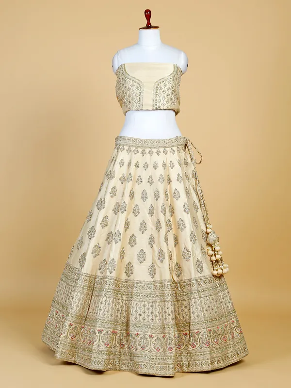 Raw silk unstitched lehenga choli in cream