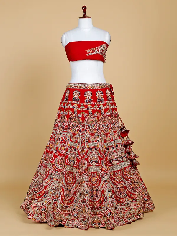 Raw silk unstitched lehenga choli in maroon