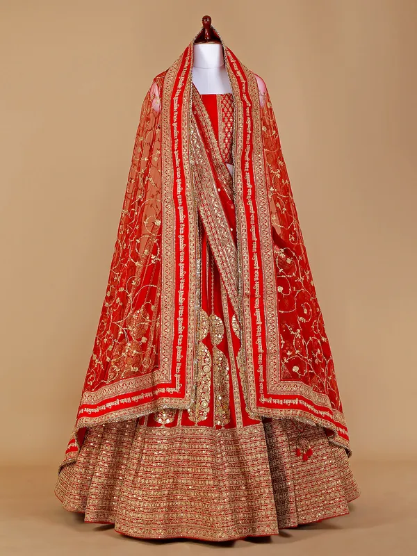 Raw silk unstitched lehenga choli in red