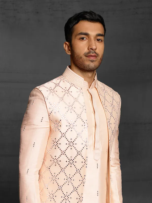 Raw silk wedding wear peach color indo western