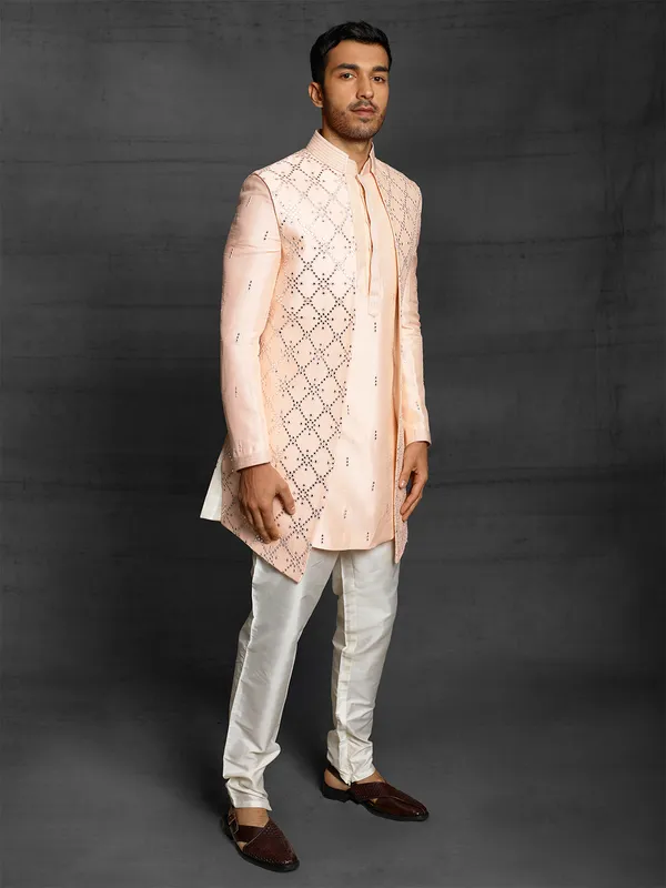 Raw silk wedding wear peach color indo western