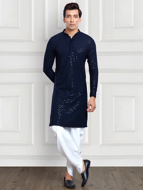 rayon cotton navy embroidery kurta suit