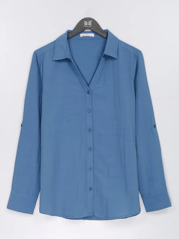 Rayon cotton plain blue shirt