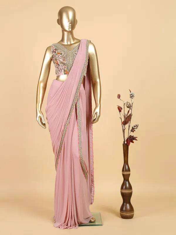 Ready to wear mauve pink lycra saree