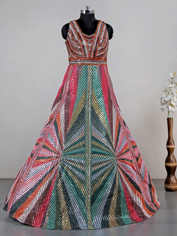 Designer multi color net gown for reception