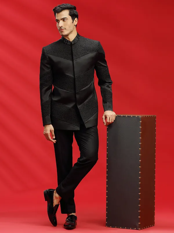 Reception look terry rayon black jodhpuri suit for men