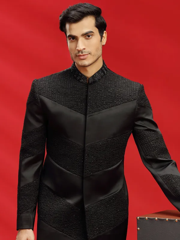 Reception look terry rayon black jodhpuri suit for men