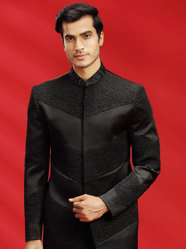 Reception look terry rayon black jodhpuri suit for men