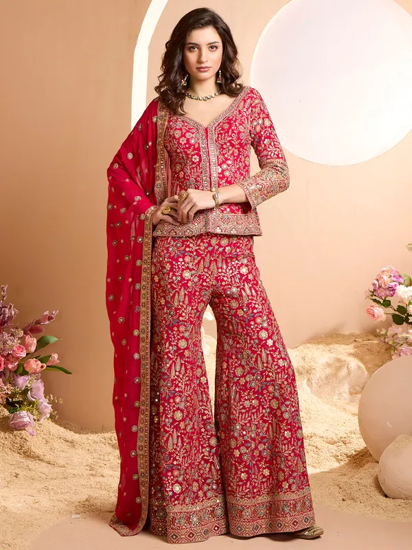 Reception style red georgette palazzo suit foe women