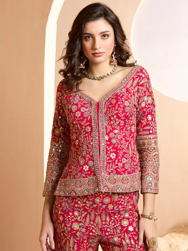 Reception style red georgette palazzo suit foe women