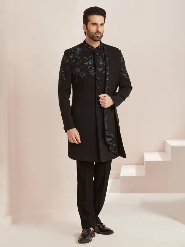 Reception wear black terry rayon indowestern