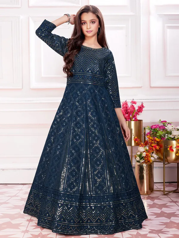 Reception wear navy georgette embroidery gown