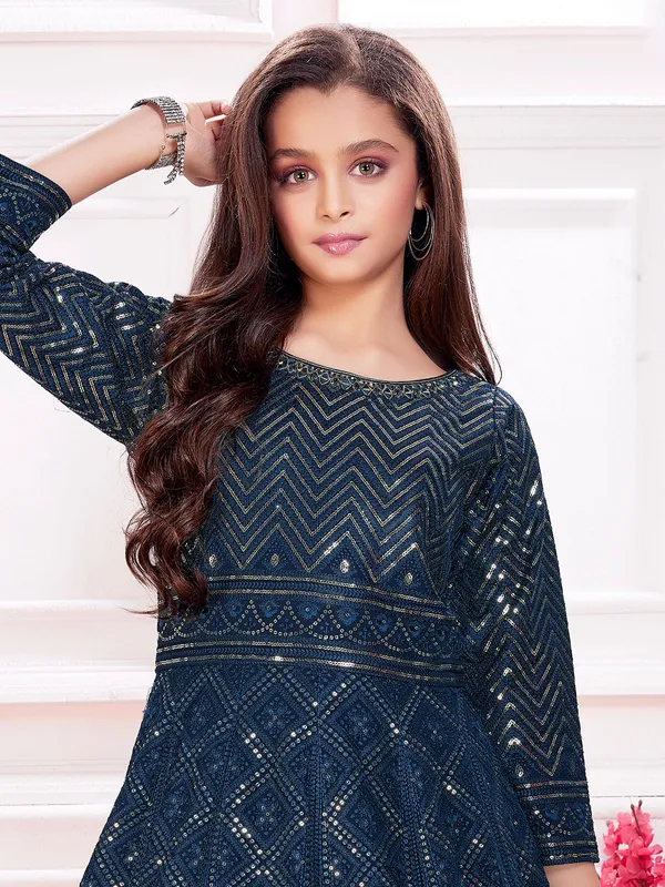 Reception wear navy georgette embroidery gown