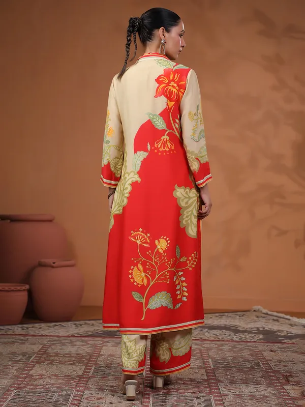 Red and beige silk kurti set for festive