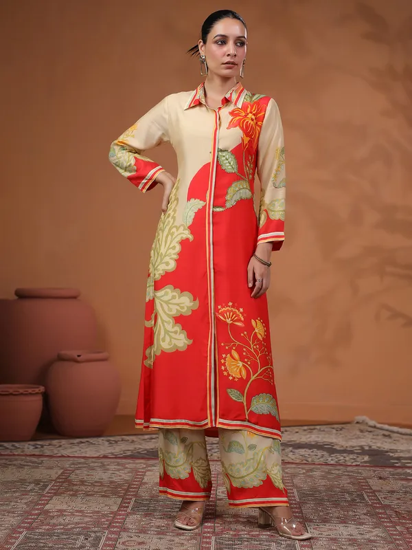 Red and beige silk kurti set for festive