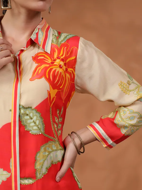 Red and beige silk kurti set for festive