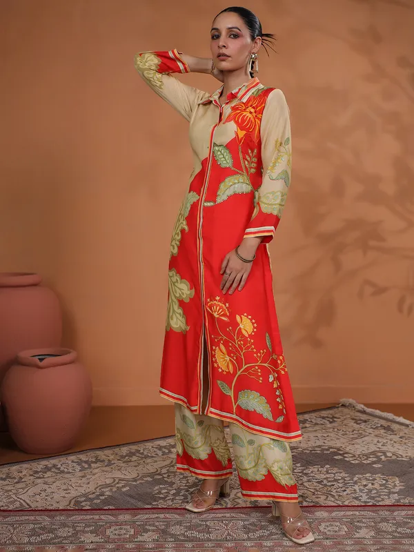 Red and beige silk kurti set for festive