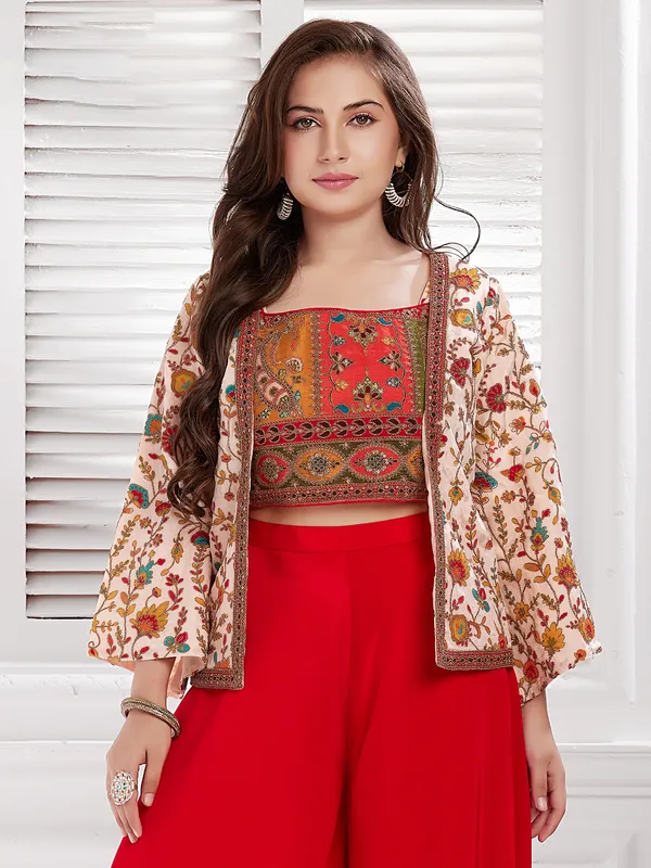 Red and beige silk palazzo suit