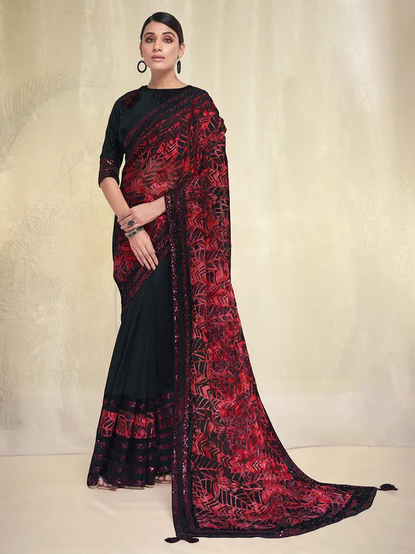 Red and black brasso with crepe saree