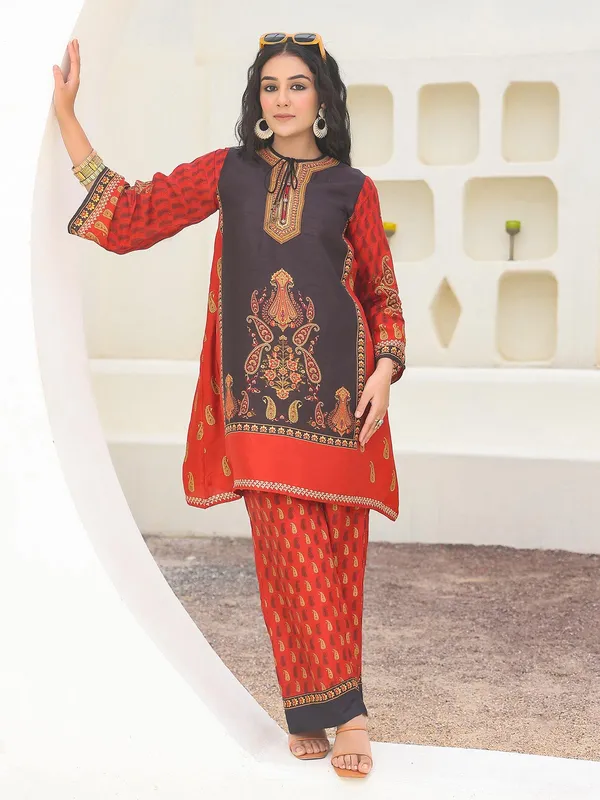 Red and black printd dola silk kurti set