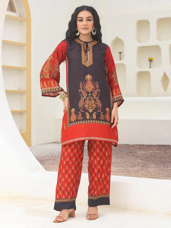 Red and black printd dola silk kurti set