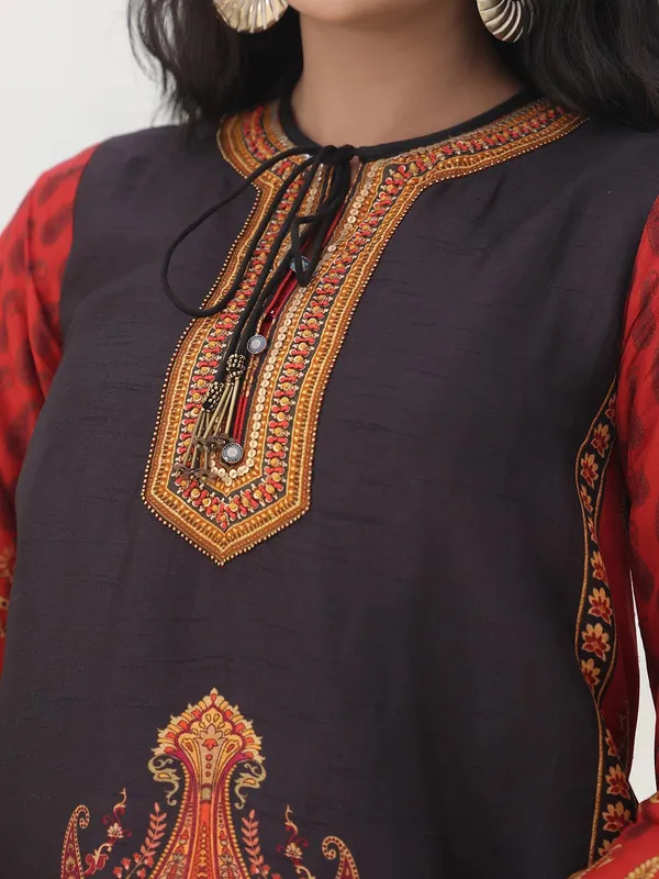 Red and black printd dola silk kurti set