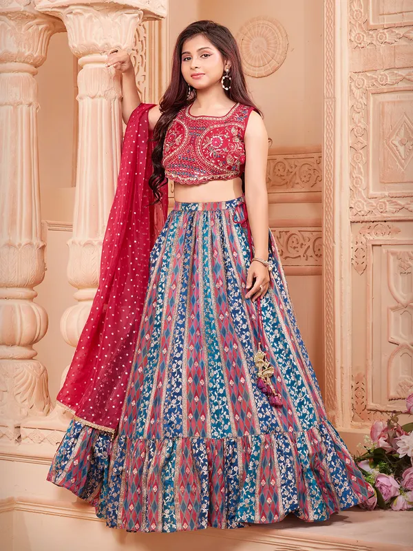 Red and blue banarasi silk lehenga choli with dupatta