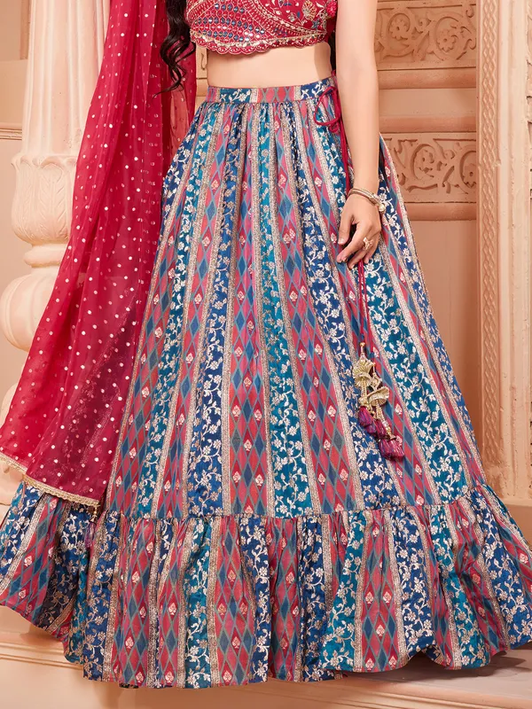 Red and blue banarasi silk lehenga choli with dupatta