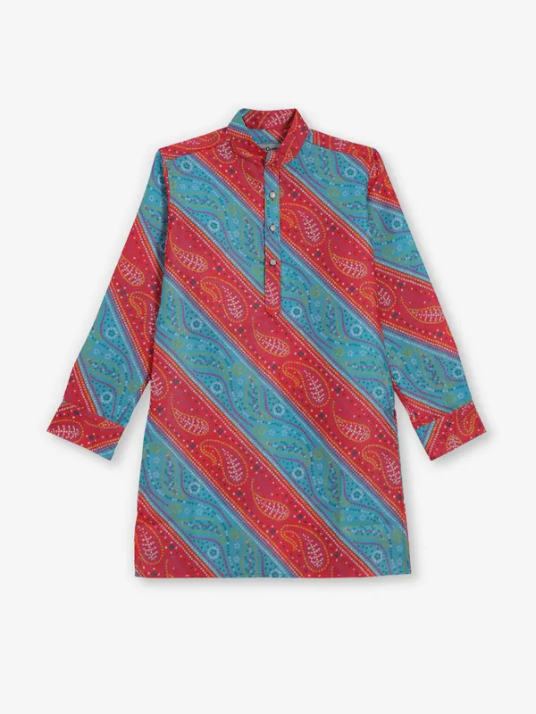 Red and blue bandhej silk kurta