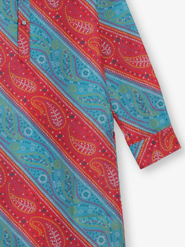 Red and blue bandhej silk kurta