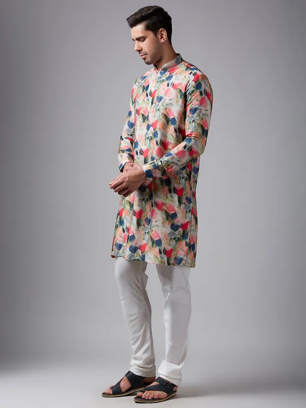 Red and blue printed silk  Men Kurta pajama