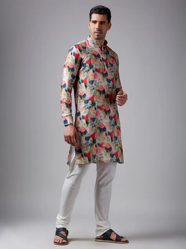 Red and blue printed silk  Men Kurta pajama