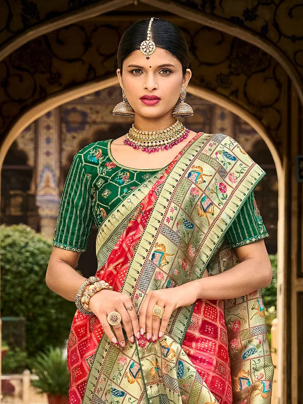 Red and coral pink printed dola silk saree for wedding