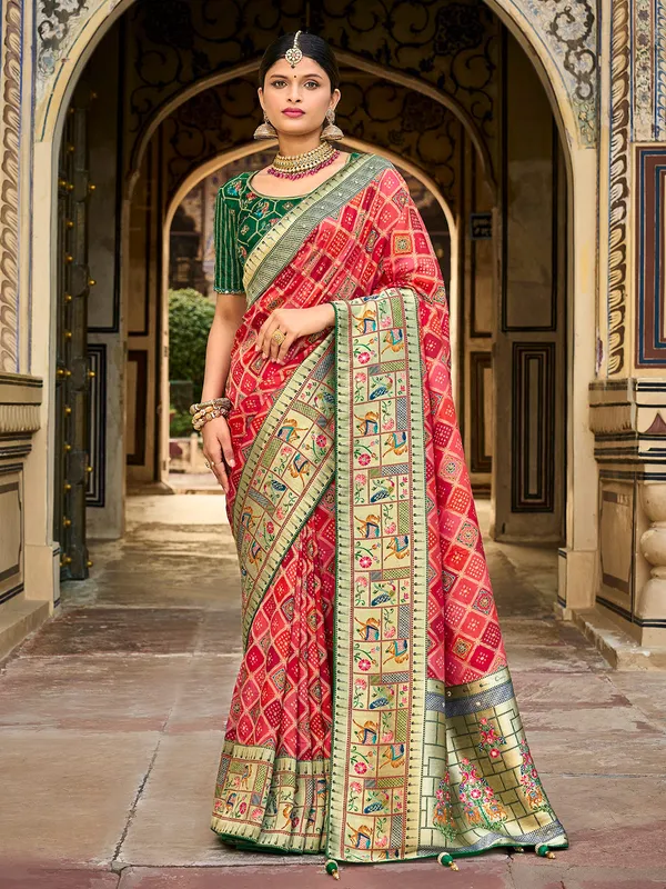Red and coral pink printed dola silk saree for wedding
