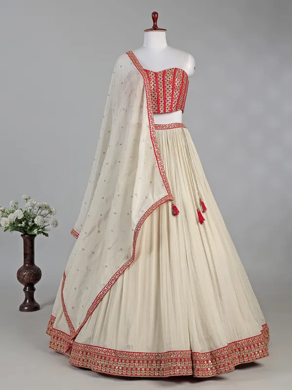 Red and cream silk lehenga choli with sequins work