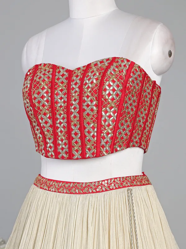 Red and cream silk lehenga choli with sequins work