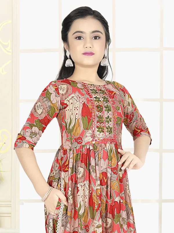 Red and green printed cotton salwar suit