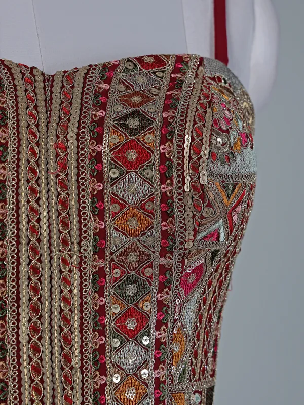 Red and grey silk lehenga choli with embroidery