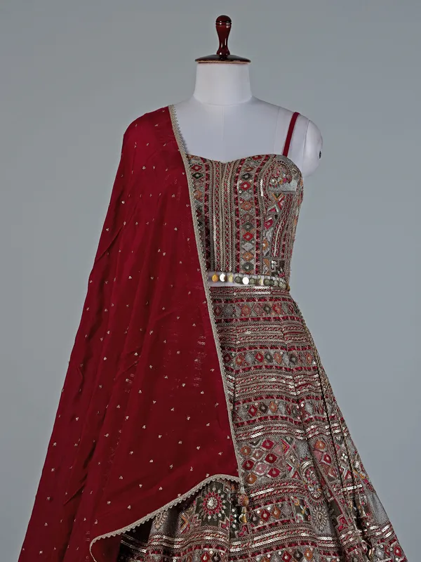 Red and grey silk lehenga choli with embroidery