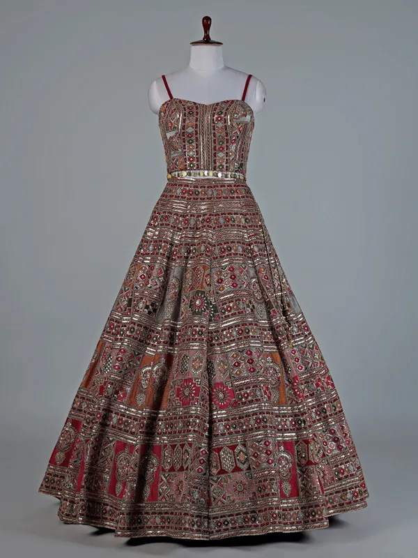 Red and grey silk lehenga choli with embroidery