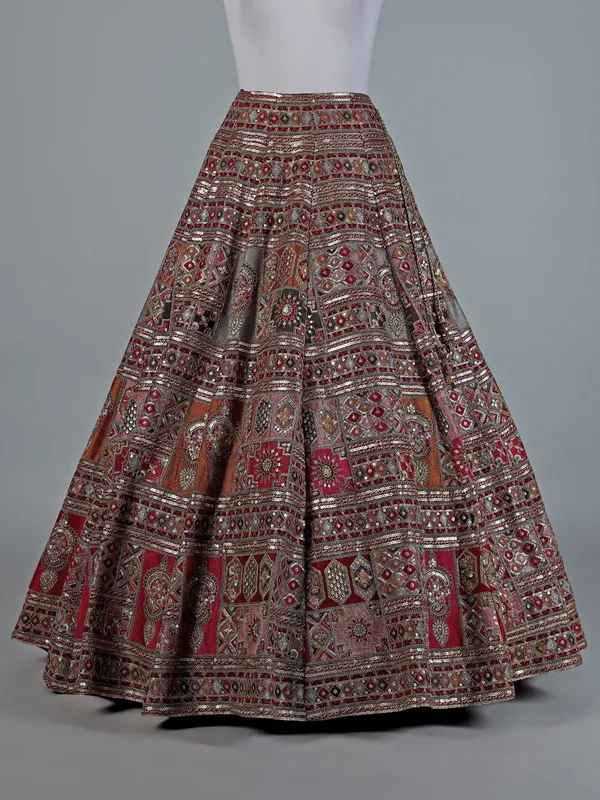 Red and grey silk lehenga choli with embroidery