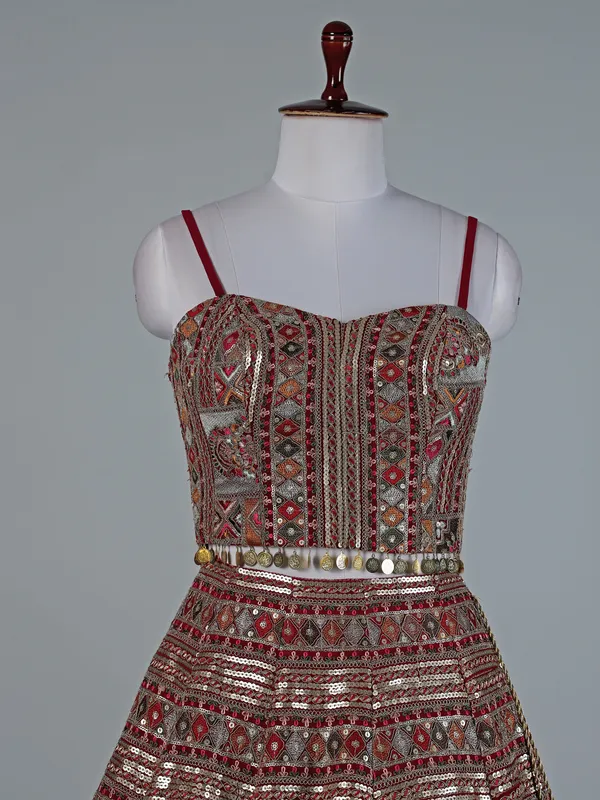 Red and grey silk lehenga choli with embroidery