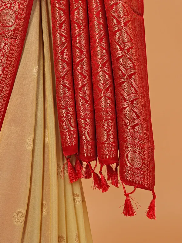 Red and khaki wedding saree in silk