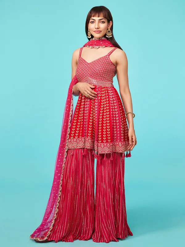 Red and magenta georgette wedding sharara set