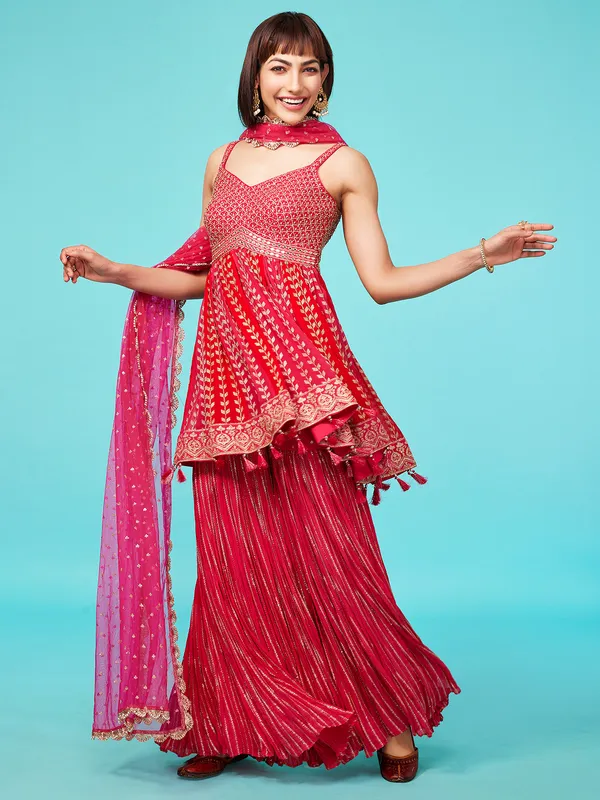 Red and magenta georgette wedding sharara set
