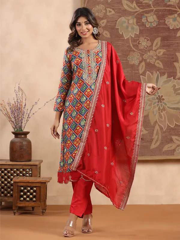 Red and navy patola printed silk kurti set