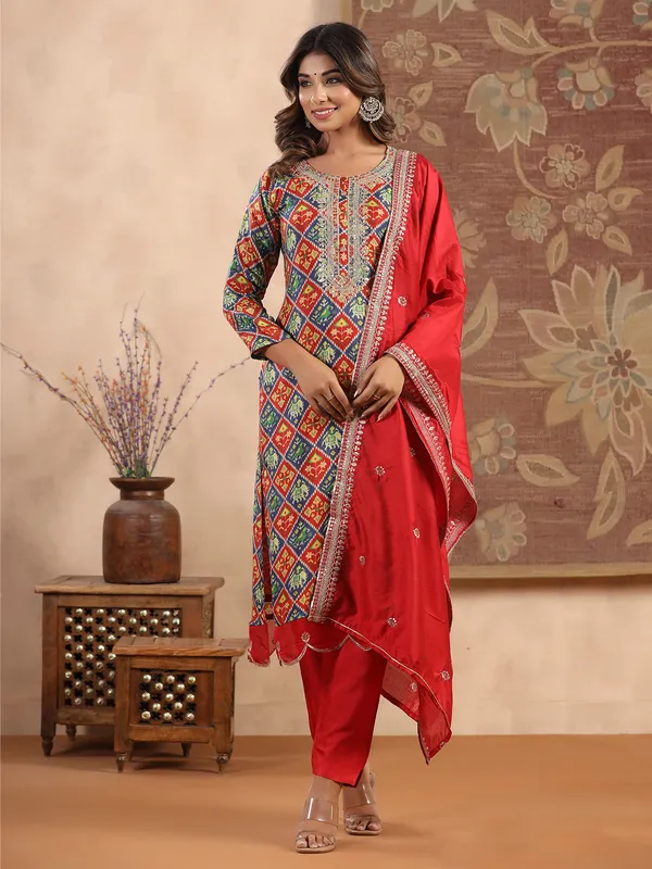 Red and navy patola printed silk kurti set