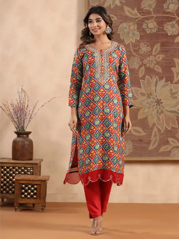 Red and navy patola printed silk kurti set