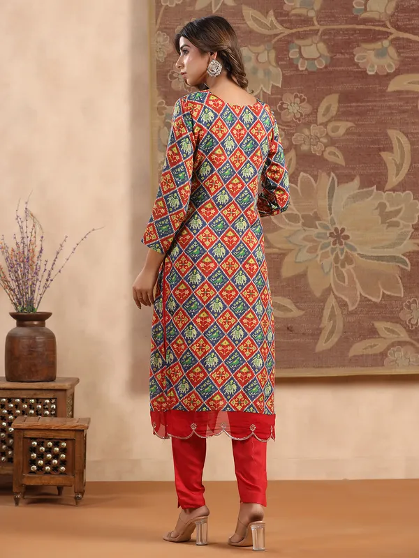 Red and navy patola printed silk kurti set